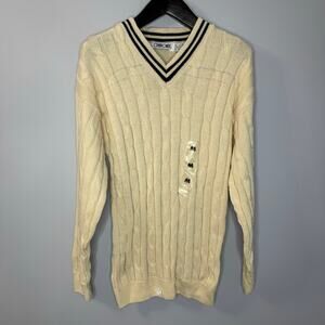Cherokee Vintage Tennis V-Neck Cable Knit Sweater Cream Cotton Men's M